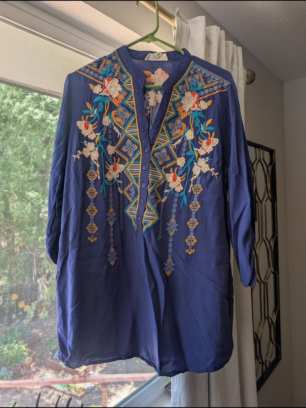 Embroidered Floral Tunic Top in Deep Blue